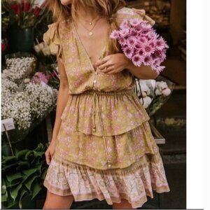 Lance Cade Green Floral Print Boho Dress Sz L NWT